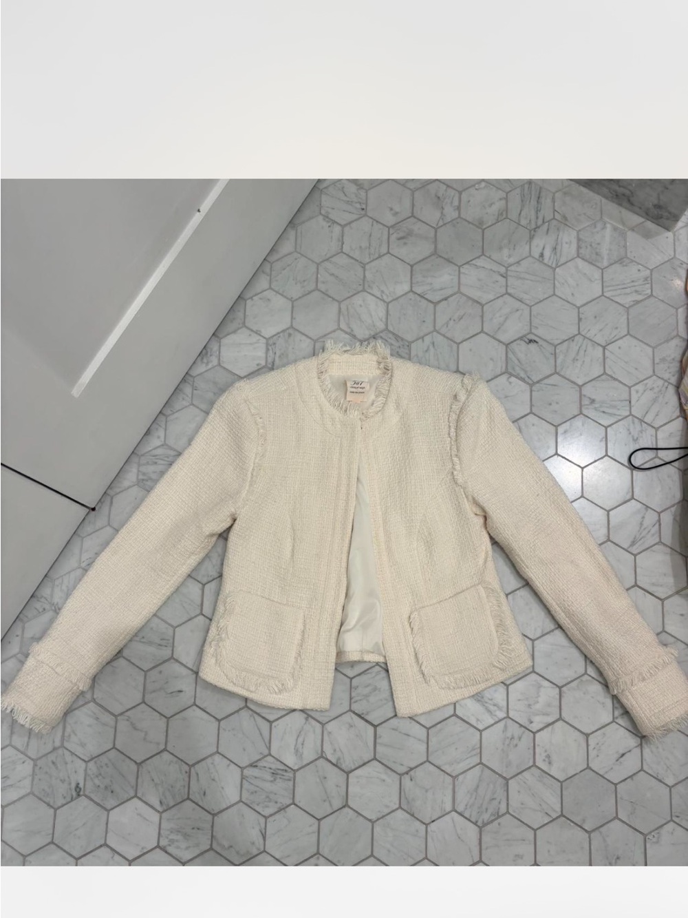 cinq a sept Cream Tweed Fringe-Trim Open Jacket